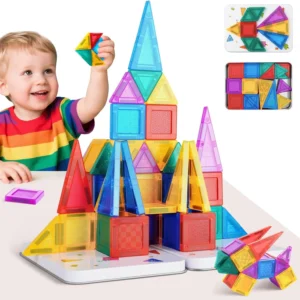 Magnetic Tiles 56pcs Travel Toys for Kids MINI Magnetic Building Blocks Set with Iron Box Magnet Game Christmas Birthday Gifts