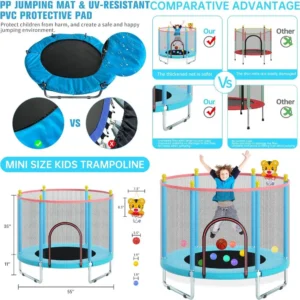 55" Trampoline for Kids, Indoor/Outdoor Mini Baby with Safety Enclosure Net, Adjustable Toddler with Basketball Hoop, Gifts for