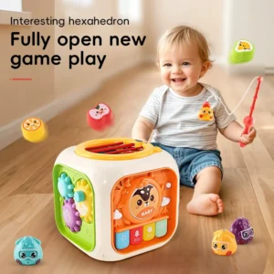 Baby Montessori Toys 6-in-1 Activity Cube Fishing Games Educational Toys Shape Sorter Music Learning Toys for Infants Toddlers